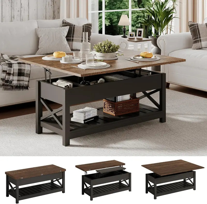 Convertible Coffee Table with Hidden Storage – Multi-Function Design Transforms into Dining Table, White & Brown Two-Tone Finish