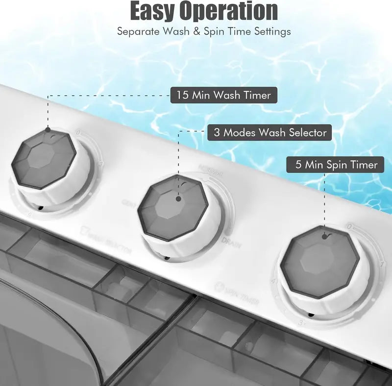 COSTWAY Twin-Tub Portable Washer – 26 lb Total Capacity (18 lb Wash + 8 lb Spin), Built-in Drain Pump & Timer Knob for Small Spaces