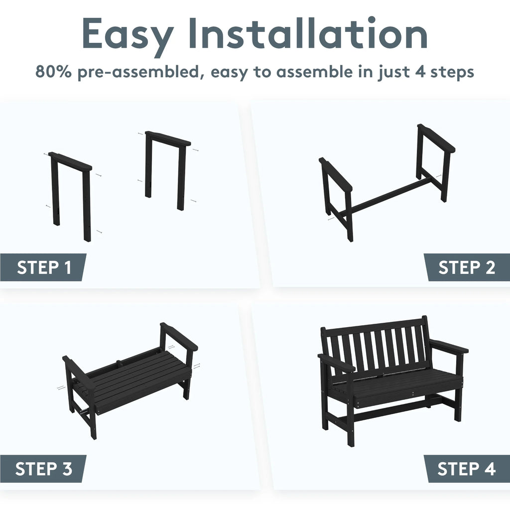 SERWALL Outdoor Bench for 2 - Person, Weather - Resistant HDPE with Aluminum Reinforcement, Supports 660 lb, Comfortable Seating for Patio, Garden, and Porch, Black