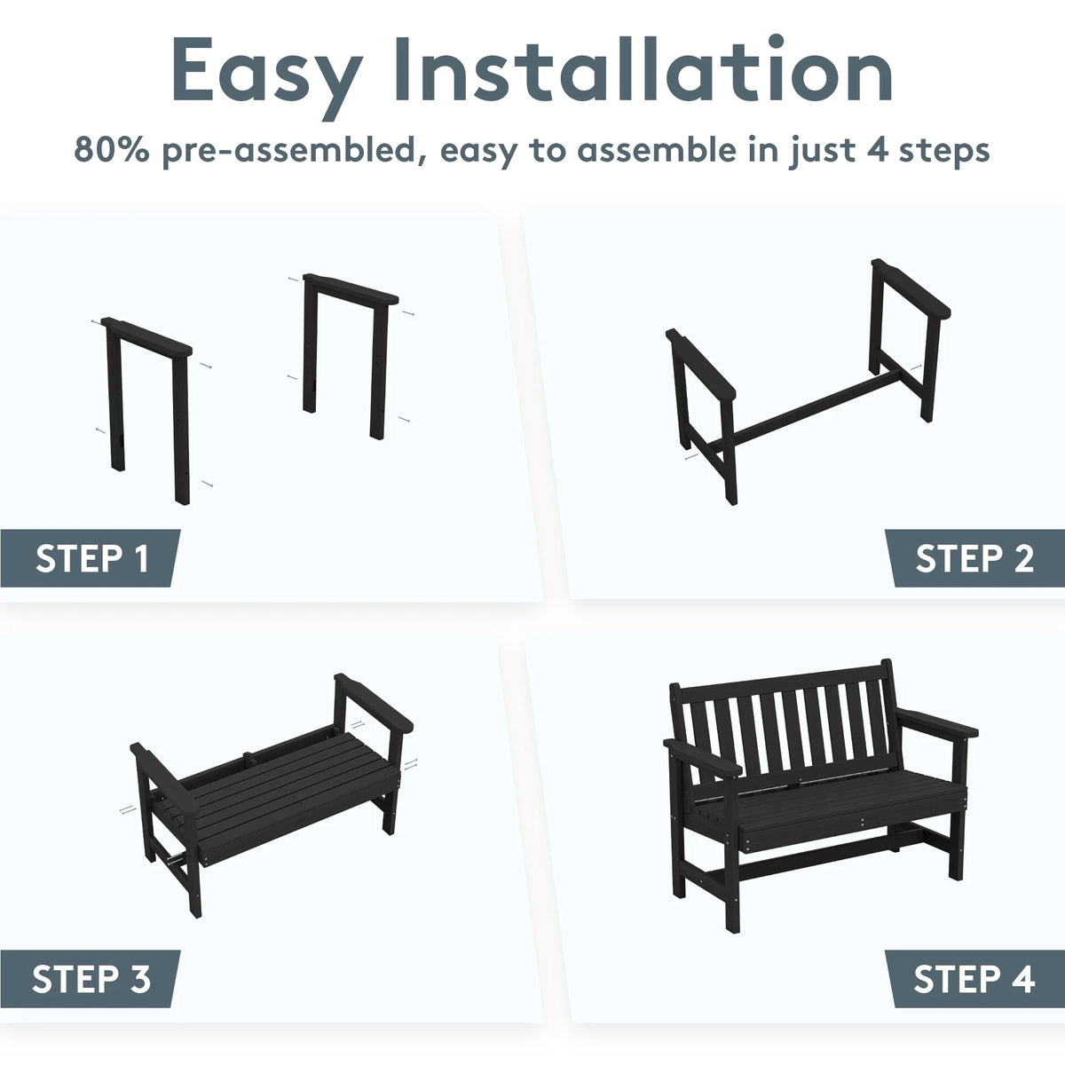 SERWALL Outdoor Bench for 2 - Person, Weather - Resistant HDPE with Aluminum Reinforcement, Supports 660 lb, Comfortable Seating for Patio, Garden, and Porch, Black