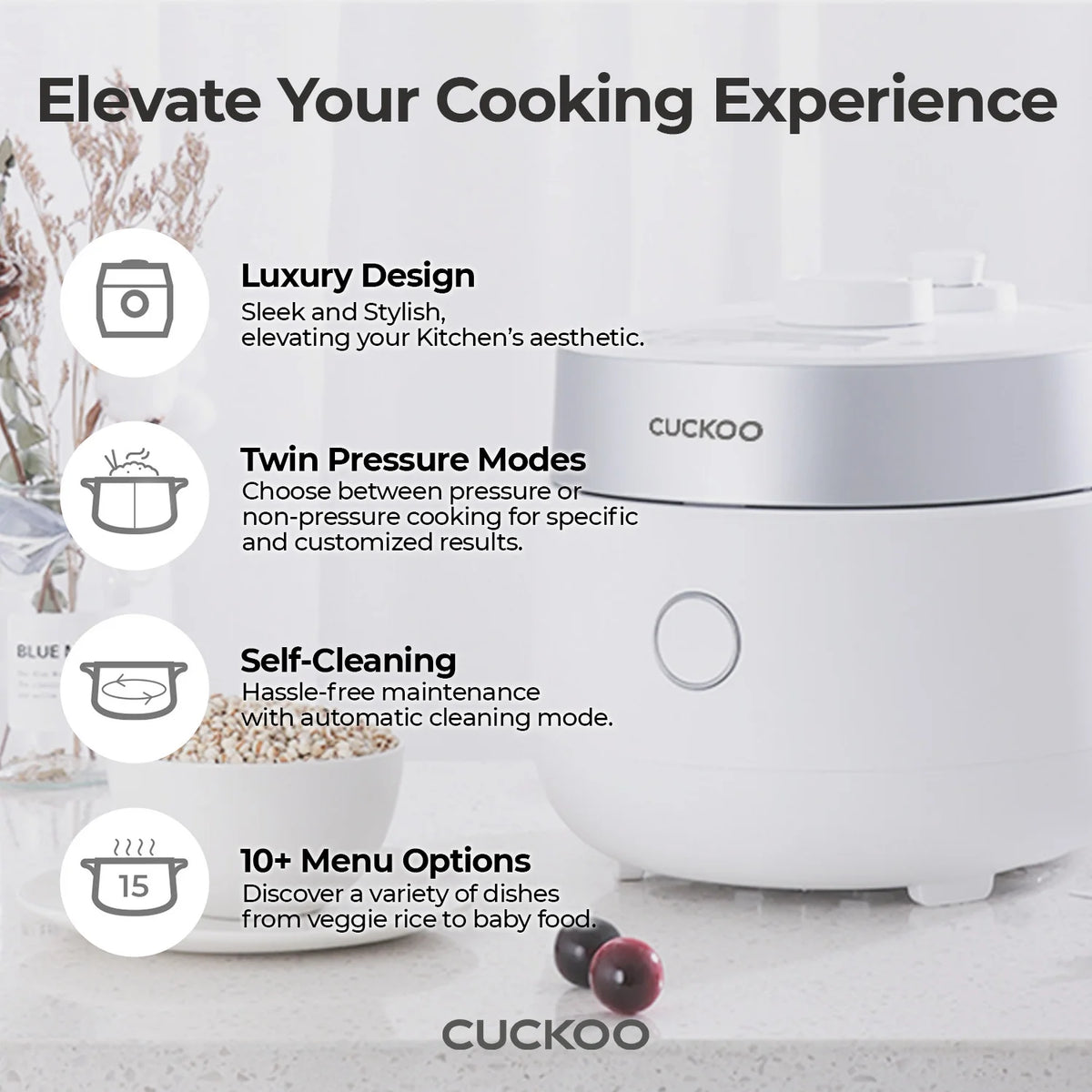 CUCKOO 3 - Cup Induction Heating Twin Pressure Rice Cooker, Nonstick Pot, 15 Cooking Modes, Voice Guide