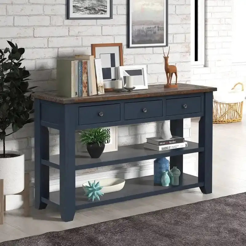 Rustic Wood Console Table Featuring Three Drawers and Dual Open Shelving