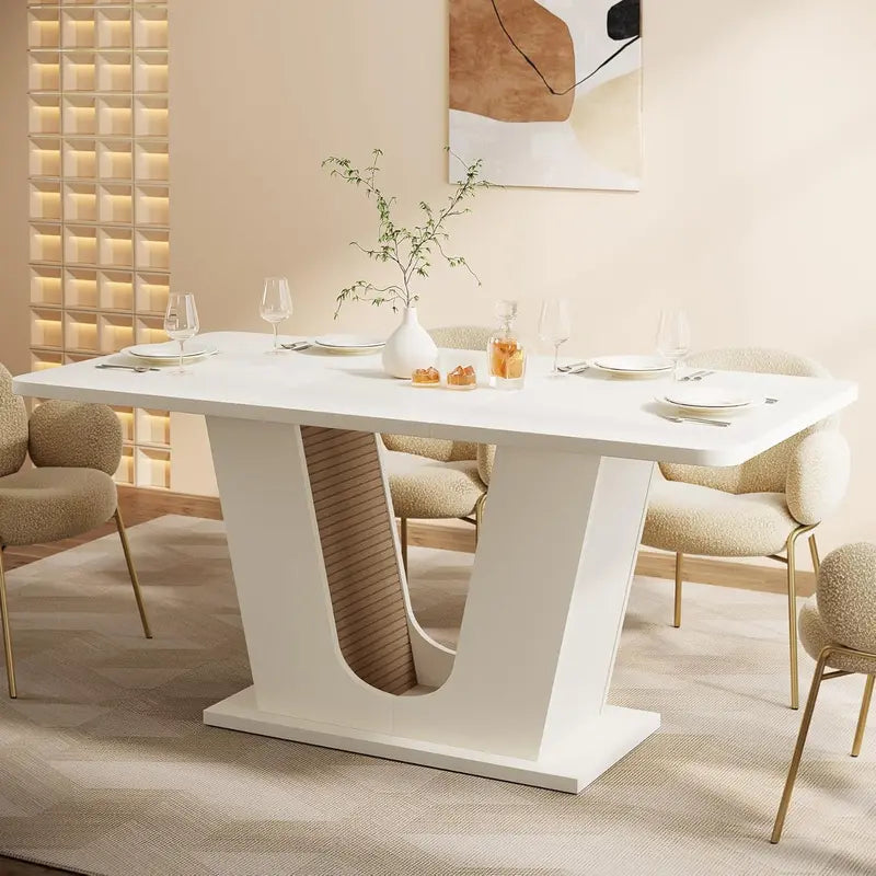 Cream-White Rectangular Dining Table – U-Base 55-Inch Table for 4–6 in Apartment or Dining Room
