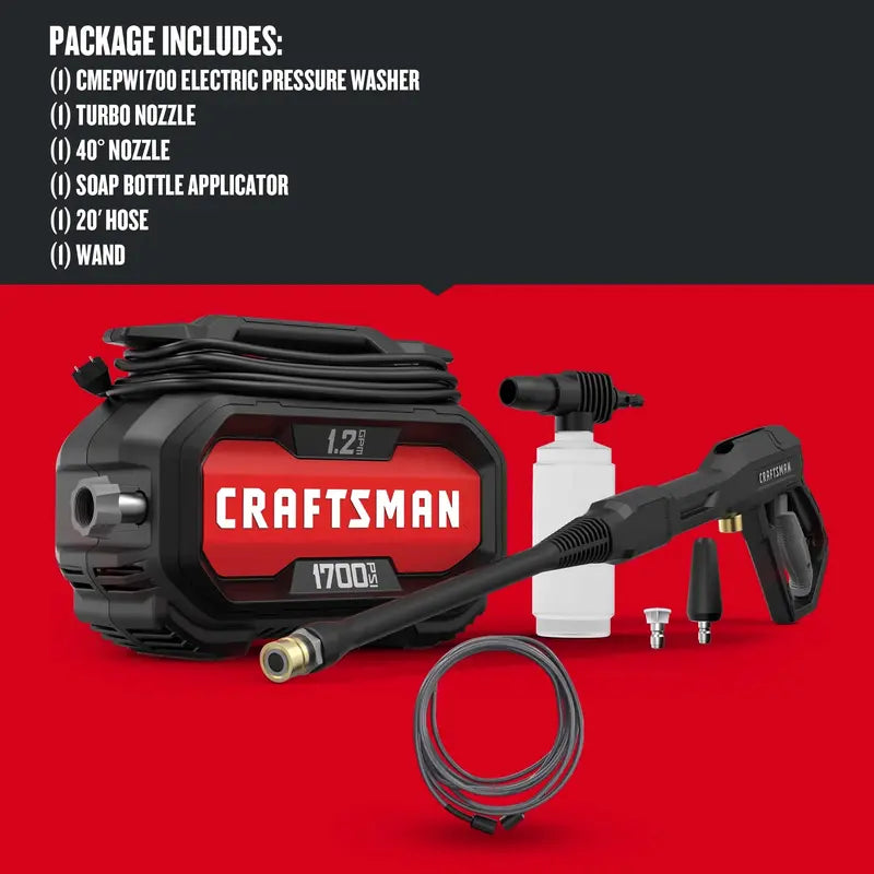 CRAFTSMAN 1700-PSI Electric Pressure Washer, 1.2 GPM, 13 Amp Motor, Soap Applicator, 20 ft. Hose, 35 ft. Cord
