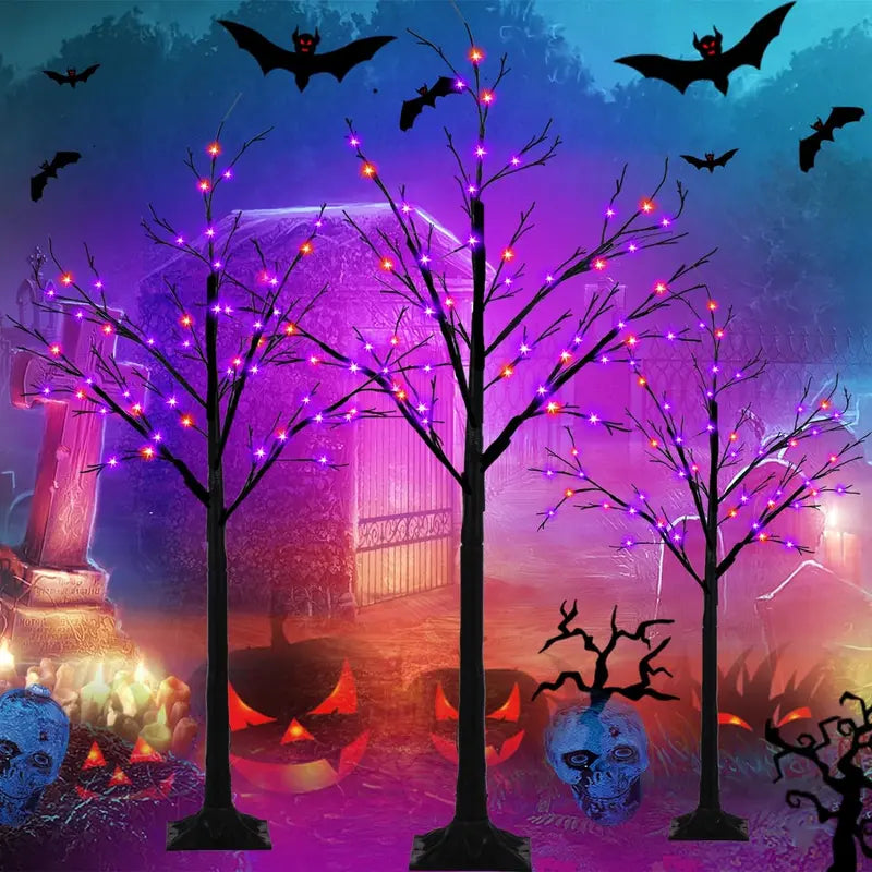 Set of 3 Glow-in-the-Dark Halloween Trees – 96 LED Illuminated Decorations