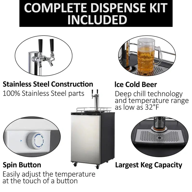 Dual-Tap Stainless Steel Beer Kegerator: Full-Size Draft Dispenser with CO2 Tank & Adjustable Temp (32°F–50°F)