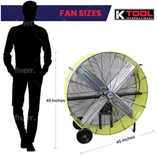 K Tool International 42-Inch Industrial Drum Fan – Dual-Speed, Safety Yellow, Rubber-Wheeled & Tip-Over Protected