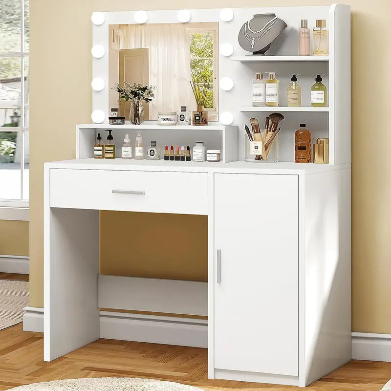 Quimoo LED-Illuminated Vanity Desk with Integrated Power Socket and Adjustable Mirror