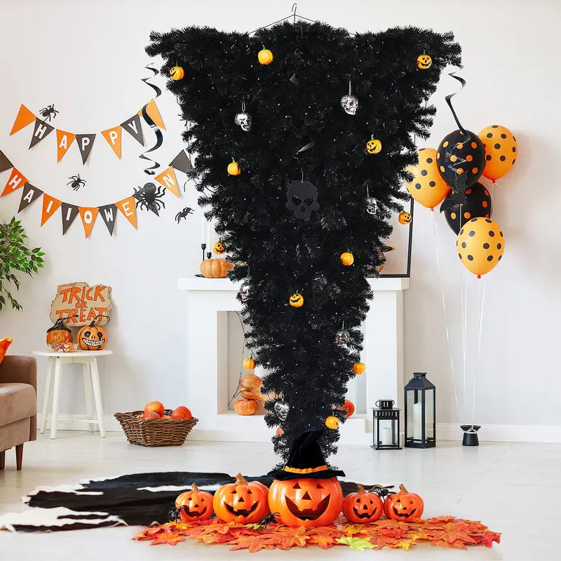 Inverted Black Halloween Christmas Tree – Pre-Lit Upside-Down Artificial Pine with Hinged Design