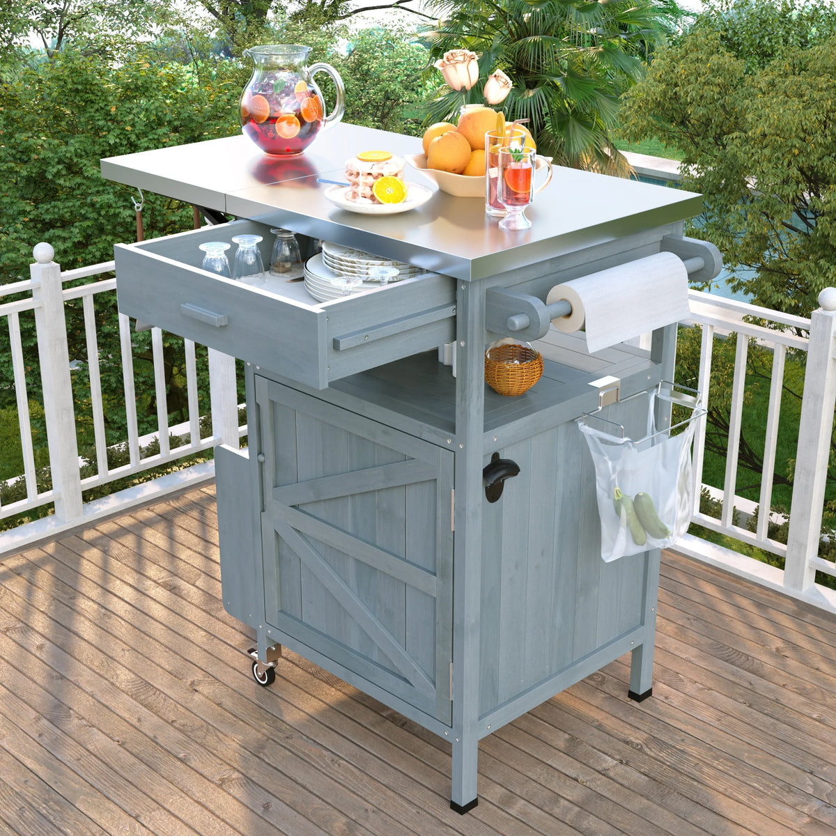 Bellemave Outdoor Serving Cart Kitchen Island Solid Wood Mobile Rolling Bar Cart with Lockable Wheels, Rack and Stainless Steel Top Beverage Storage Counter Table with Cabinet for Patio, Natural