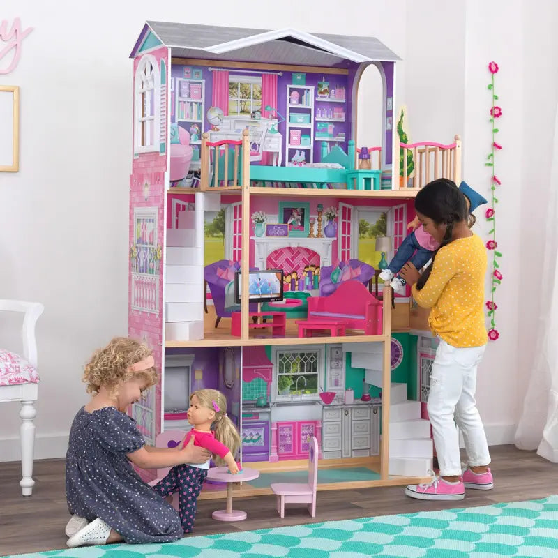 KidKraft 18-Inch Wooden Dollhouse Manor, 3-Level, 12-Piece Furniture, Fits 18″ Dolls, Over 5ft Tall