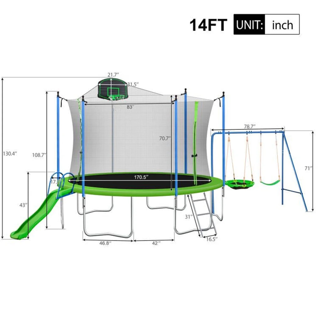 12FT Trampoline for Kids & Adults, Recreational Trampoline with Slide & Swing & Basketball Hoop & Enclosure Net, 600 lb Capacity for 4 - 5 Kids