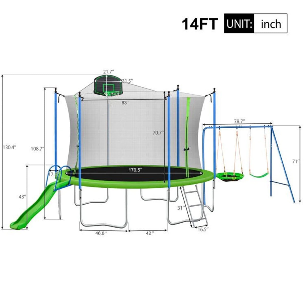 12FT Trampoline for Kids & Adults, Recreational Trampoline with Slide & Swing & Basketball Hoop & Enclosure Net, 600 lb Capacity for 4 - 5 Kids