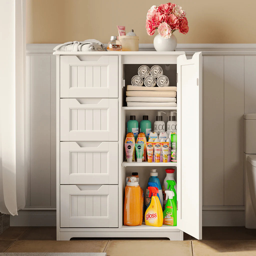 Aiho 33.5 "h Wooden Bathroom Floor Cabinet with 4 Drawers and 1 Door for Bathroom, Kitchen, Bedroom - White