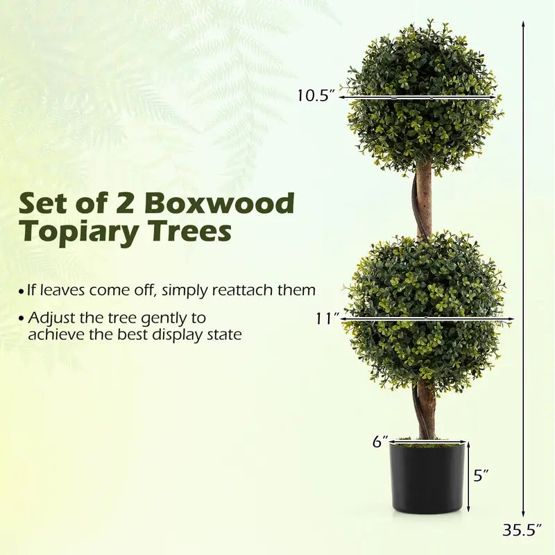 Set of 2 Faux Boxwood Topiary Trees – 3-Foot Outdoor-Ready Ball Shrubs in Weighted Cement Pots