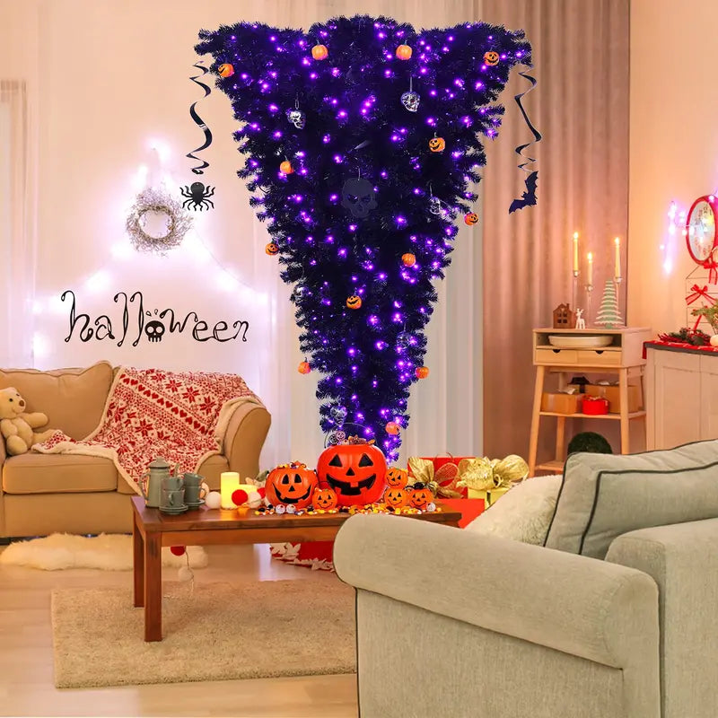 Inverted Black Halloween Christmas Tree – Pre-Lit Upside-Down Artificial Pine with Hinged Design
