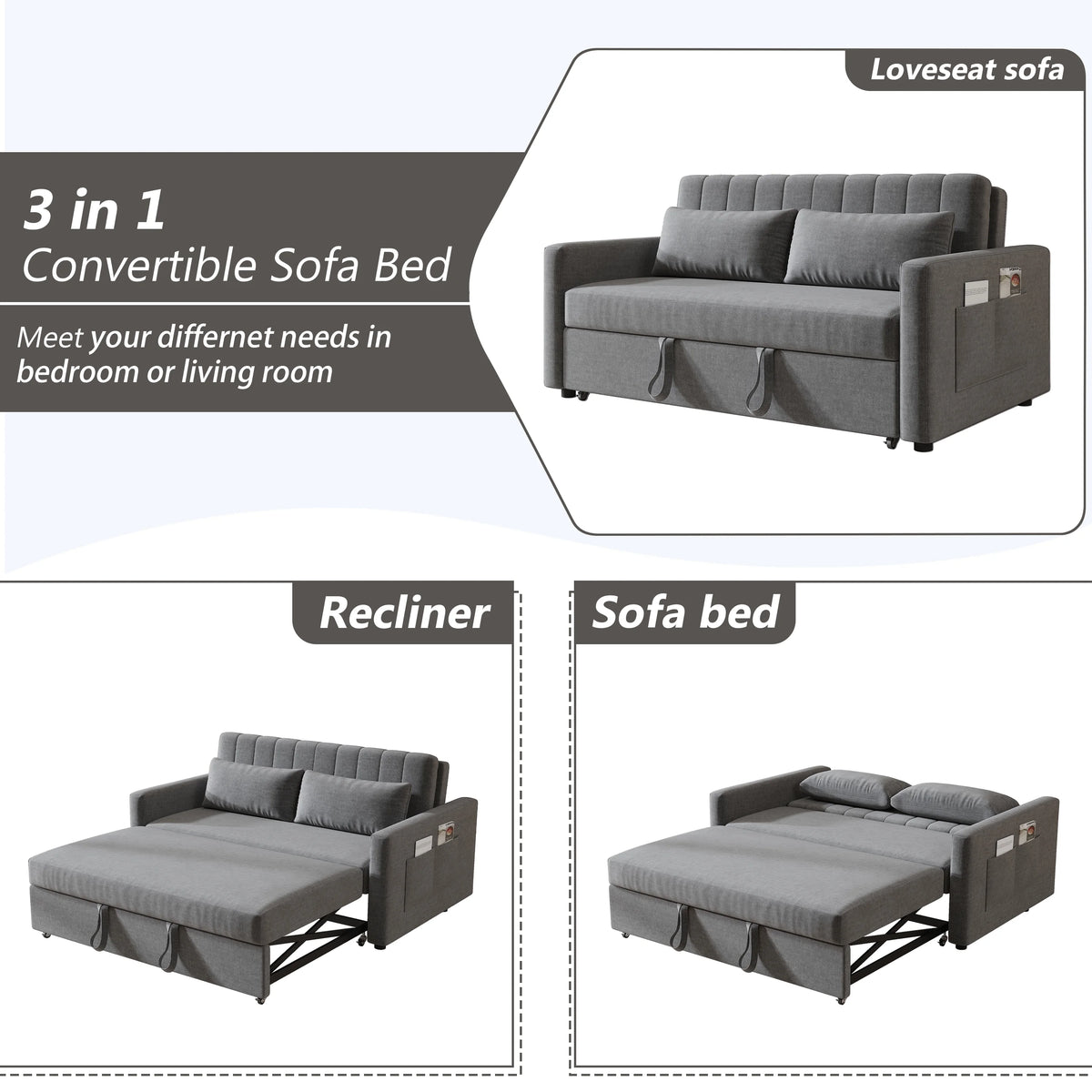 Noodeniya 54" Twins Pull Out Sofa Bed, Modern Convertible Sleeper Couch, Fabric Loveseat for Small Place, Light Gray
