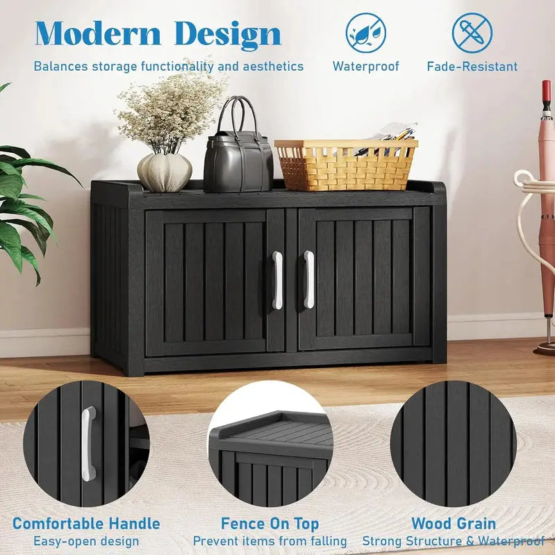Kamaboko Waterproof Shoe Storage Cabinet – UV-Resistant Outdoor/Indoor Entryway Bench with Dual Barn Doors