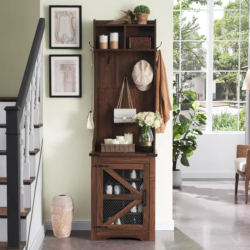 JXQTLINGMU 59-Inch Farmhouse Hall Tree – Entryway Bench with 20 Cubbies, 12 Hooks, Sliding Barn Doors, and Shoe Storage