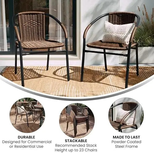 EMMA + OLIVER Brown Rattan Dining Chair | 2 Pack | Indoor-Outdoor | Stackable | Medium