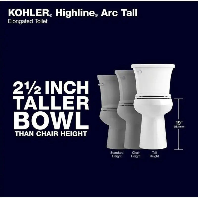 KOHLER Highline Arc Extra-Tall 2-Piece Elongated Toilet – 1.28 GPF Single Flush, White Finish with Seat (Model 78305-0)