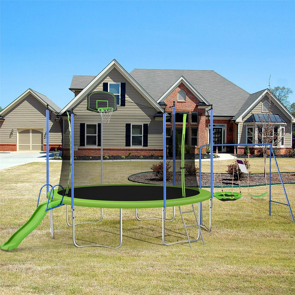 12FT Trampoline for Kids & Adults, Recreational Trampoline with Slide & Swing & Basketball Hoop & Enclosure Net, 600 lb Capacity for 4 - 5 Kids