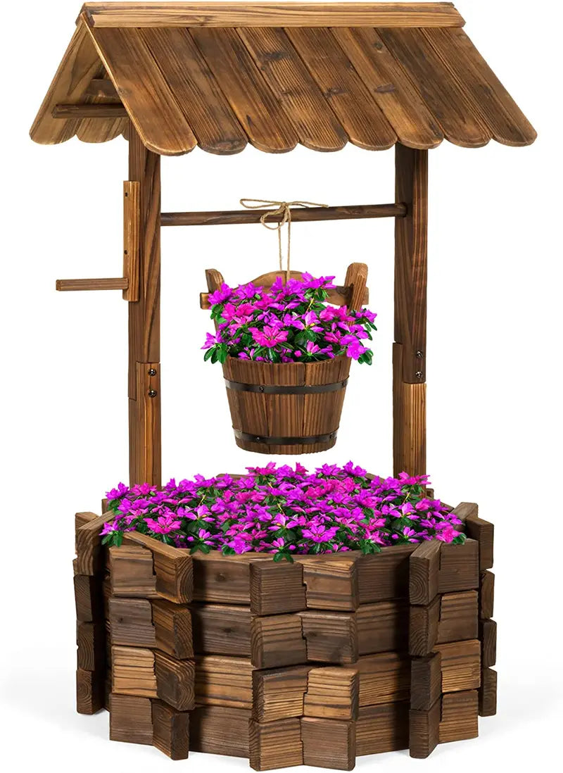 Rustic Wooden Wishing Well Planter with Hanging Bucket – Outdoor Garden Décor by Best Choice Products