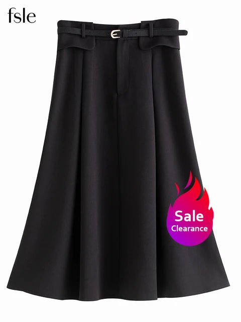 FSLE ¡¾Clearance Sale¡¿Women Winter Solid A-LINE Skirts Pocket Pleated Design Mid-Calf Winter Skirt Belt Women Long Commuter Skirt