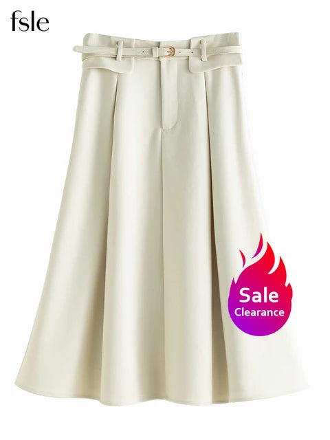 FSLE ¡¾Clearance Sale¡¿Women Winter Solid A-LINE Skirts Pocket Pleated Design Mid-Calf Winter Skirt Belt Women Long Commuter Skirt