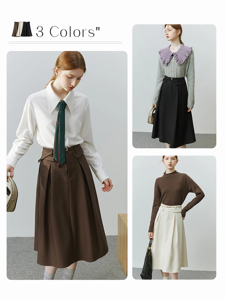 FSLE ¡¾Clearance Sale¡¿Women Winter Solid A-LINE Skirts Pocket Pleated Design Mid-Calf Winter Skirt Belt Women Long Commuter Skirt