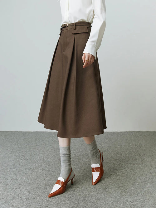 FSLE ¡¾Clearance Sale¡¿Women Winter Solid A-LINE Skirts Pocket Pleated Design Mid-Calf Winter Skirt Belt Women Long Commuter Skirt