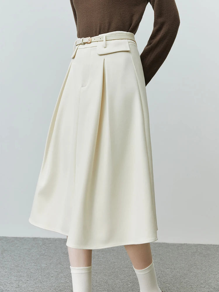FSLE ¡¾Clearance Sale¡¿Women Winter Solid A-LINE Skirts Pocket Pleated Design Mid-Calf Winter Skirt Belt Women Long Commuter Skirt