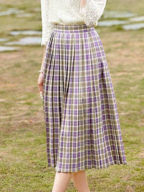 I BELIEVE YOU Autumn Skirt for Women Retro Plaid High Waist Zipper Mid-calf Pleated Skirts Temperament Female Bottoms 2213023988