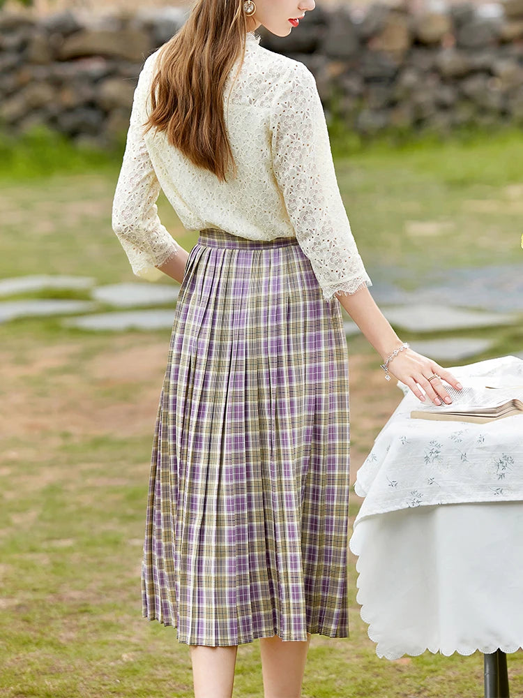 I BELIEVE YOU Autumn Skirt for Women Retro Plaid High Waist Zipper Mid-calf Pleated Skirts Temperament Female Bottoms 2213023988