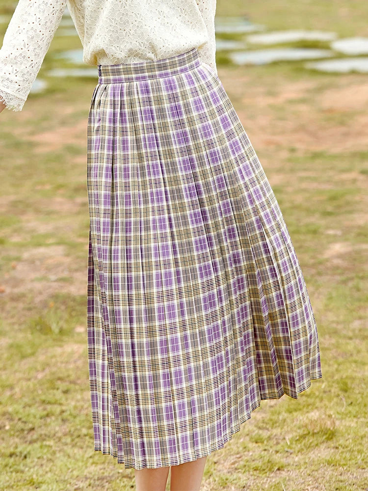 I BELIEVE YOU Autumn Skirt for Women Retro Plaid High Waist Zipper Mid-calf Pleated Skirts Temperament Female Bottoms 2213023988
