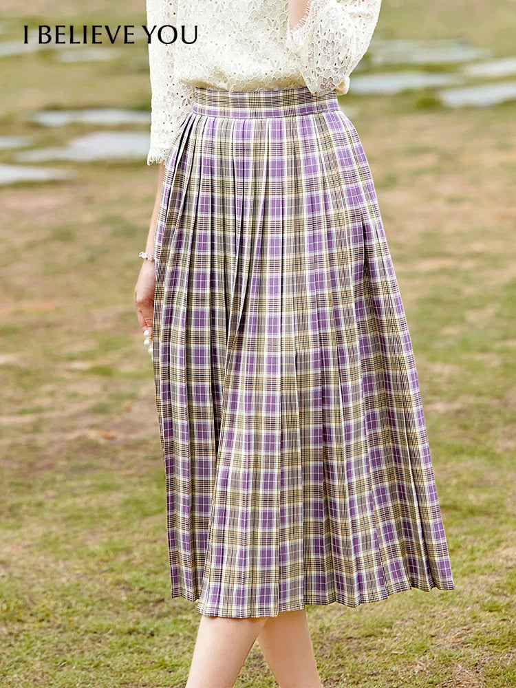 I BELIEVE YOU Autumn Skirt for Women Retro Plaid High Waist Zipper Mid-calf Pleated Skirts Temperament Female Bottoms 2213023988