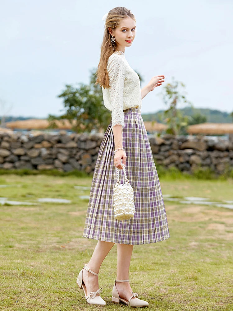 I BELIEVE YOU Autumn Skirt for Women Retro Plaid High Waist Zipper Mid-calf Pleated Skirts Temperament Female Bottoms 2213023988