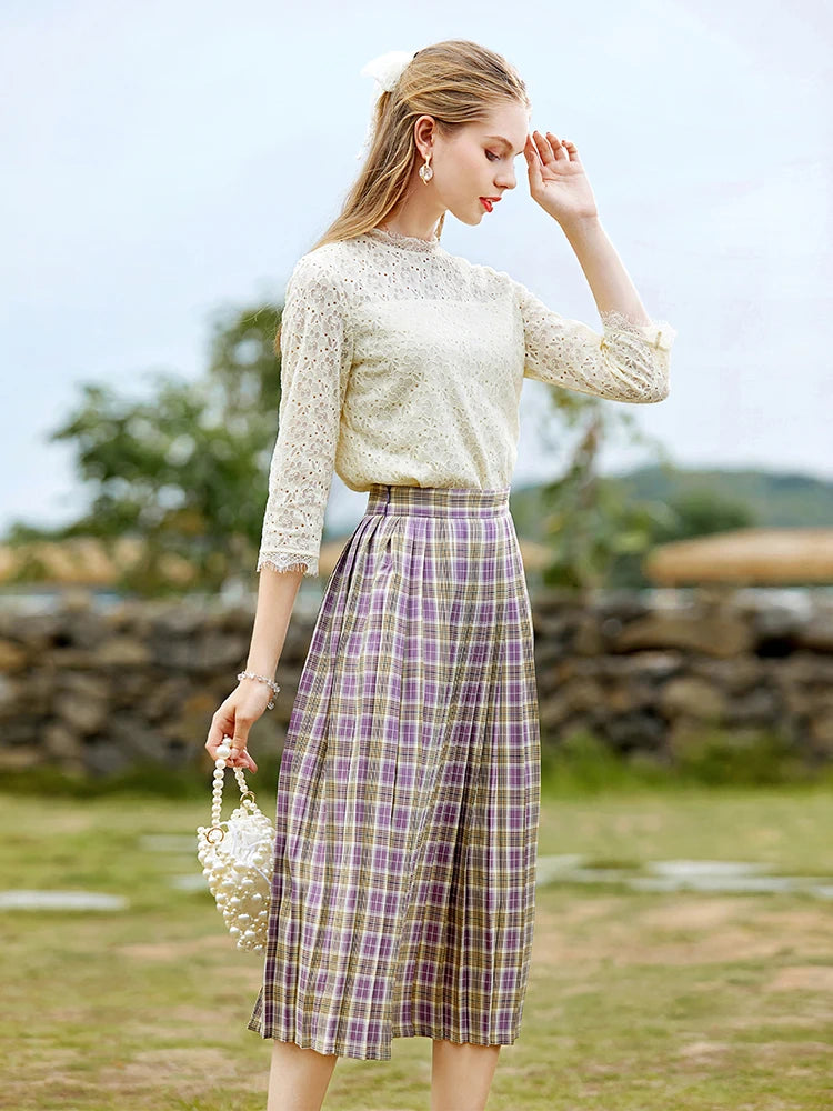 I BELIEVE YOU Autumn Skirt for Women Retro Plaid High Waist Zipper Mid-calf Pleated Skirts Temperament Female Bottoms 2213023988