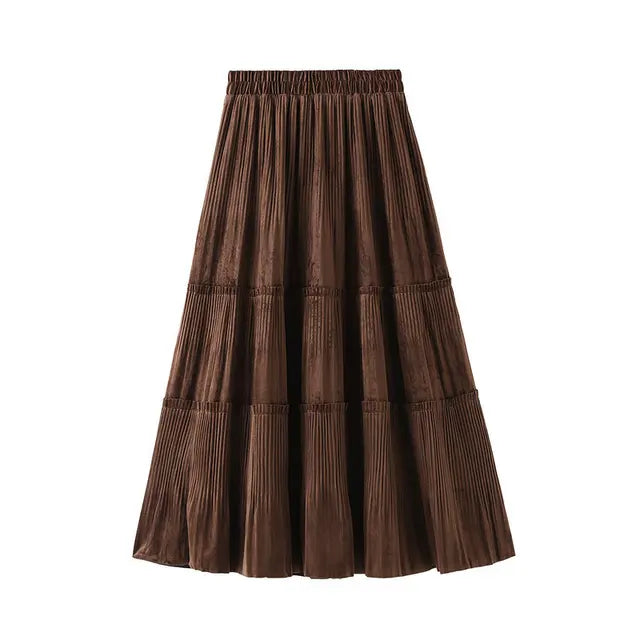 OHRYIYIE Solid Color Vintage Long Velvet Pleated Skirt Women 2023 New Autumn Winter Fashion Lady High Waist A Line Skirt Female