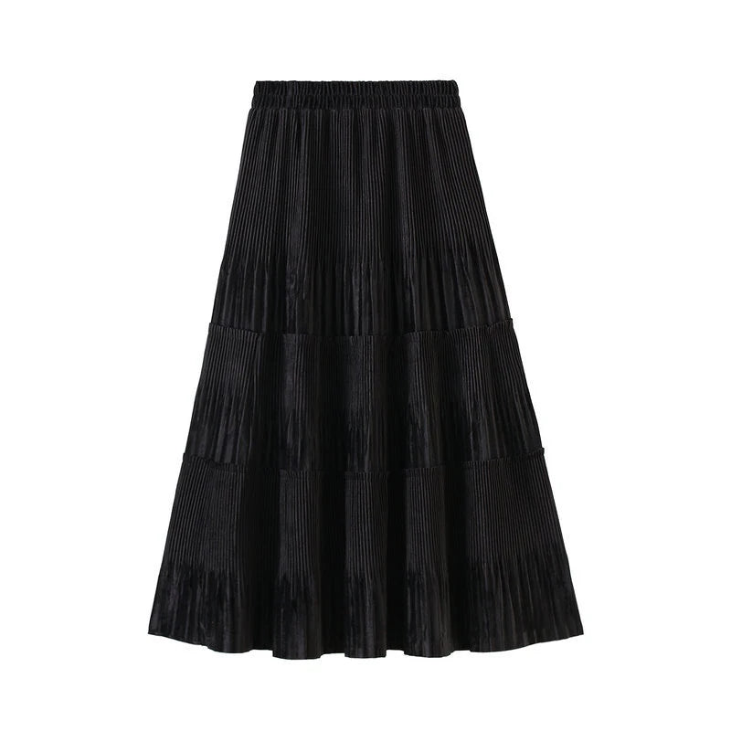 OHRYIYIE Solid Color Vintage Long Velvet Pleated Skirt Women 2023 New Autumn Winter Fashion Lady High Waist A Line Skirt Female