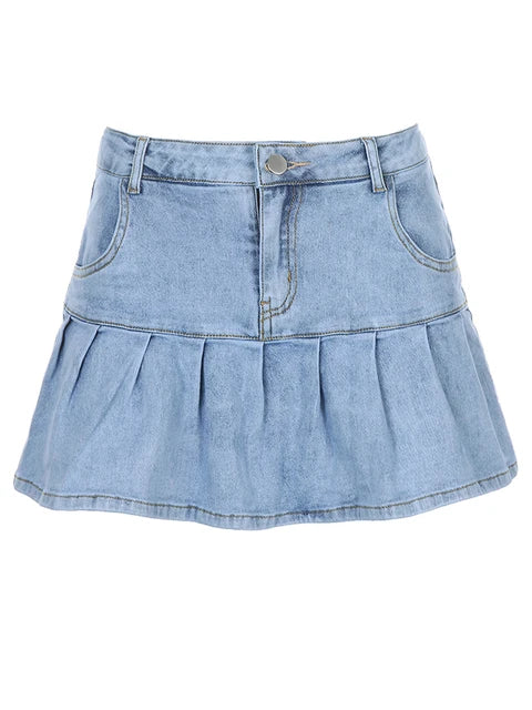 Rapcopter Women Jeans Skirts High Waist Pleated Skirts Zipper Mini Skirts Summer New 90S Streetwear Bottom Y2K Skinny Blue Skirt