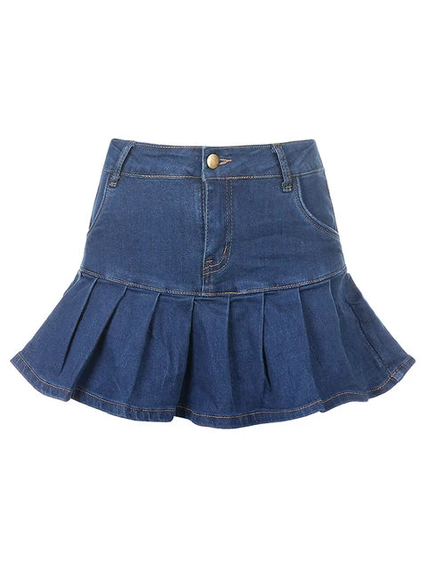 Rapcopter Women Jeans Skirts High Waist Pleated Skirts Zipper Mini Skirts Summer New 90S Streetwear Bottom Y2K Skinny Blue Skirt