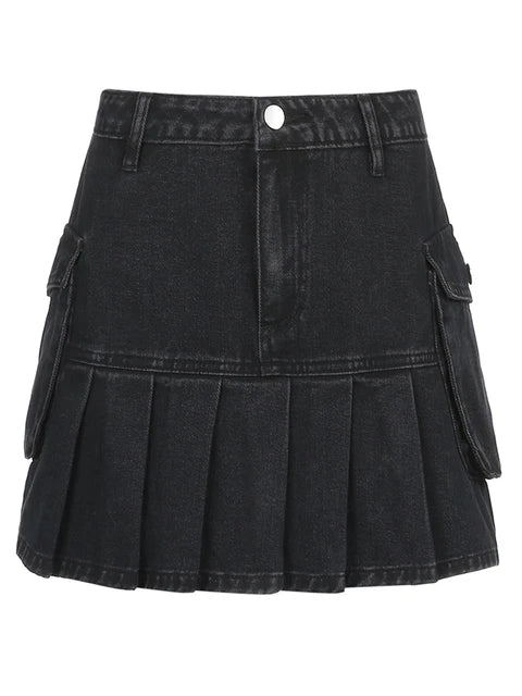 Rapcopter Women Jeans Skirts High Waist Pleated Skirts Zipper Mini Skirts Summer New 90S Streetwear Bottom Y2K Skinny Blue Skirt