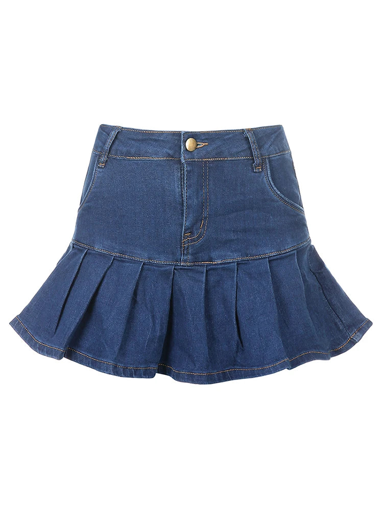 Rapcopter Women Jeans Skirts High Waist Pleated Skirts Zipper Mini Skirts Summer New 90S Streetwear Bottom Y2K Skinny Blue Skirt