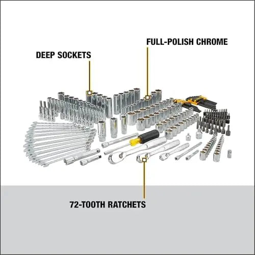 DEWALT 247-Piece Mechanic Tool Set – 1/4, 3/8, 1/2 in. Drive SAE Ratchets, Sockets, Wrenches, Hex Keys – Chrome Finish (DWMT81535)