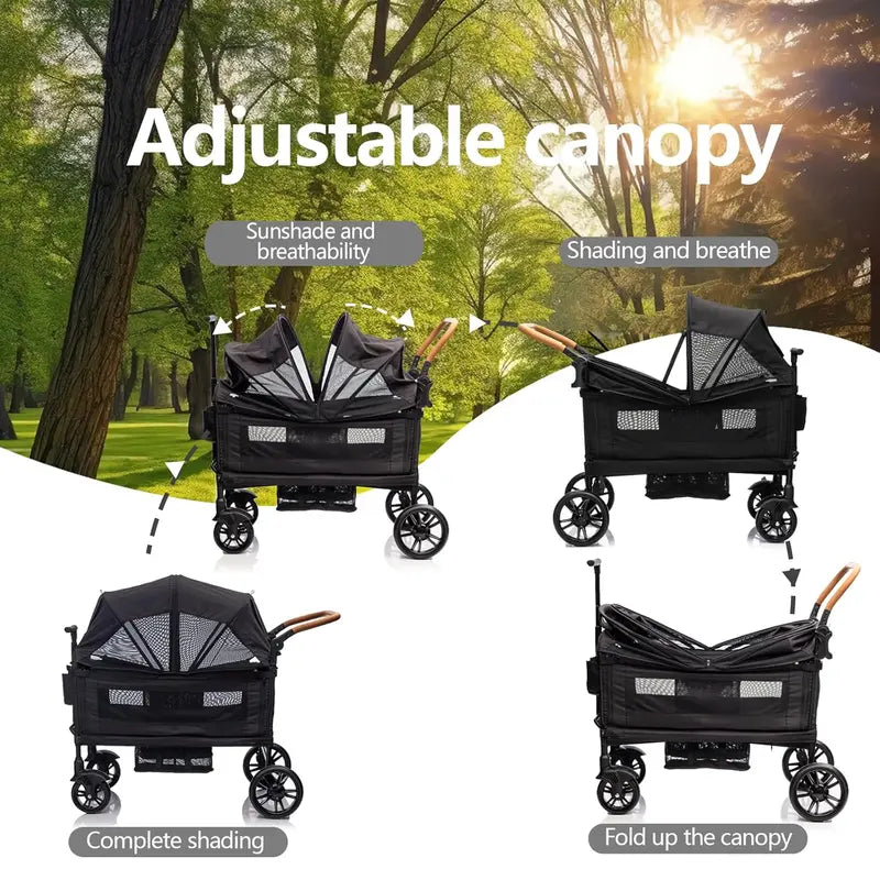 Lightweight Foldable Double Wagon Stroller – Push-Pull Travel Stroller for Newborns & Toddlers, 5-Point Safety Harness, Canopy, Tray Table & Cup Holder