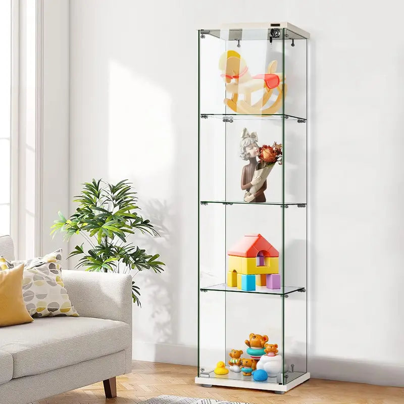 Countertop Glass Display Cabinet – 4-Tier Tempered-Glass Showcase with Locking Door & MDF Base