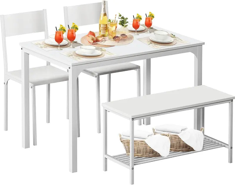 Compact Dining Set: Rectangular Table with 2 Chairs and 1 Bench – Modern Bistro-Style Setup for Small Spaces