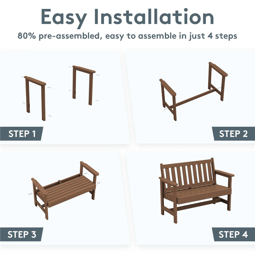 SERWALL Outdoor Bench for 2 - Person, Weather - Resistant HDPE with Aluminum Reinforcement, Supports 660 lb, Comfortable Seating for Patio, Garden, and Porch, Black