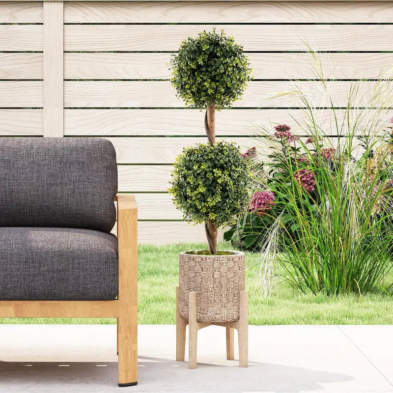 Set of 2 Faux Boxwood Topiary Trees – 3-Foot Outdoor-Ready Ball Shrubs in Weighted Cement Pots